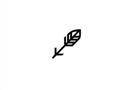 Graphic design of a stylized feather in black and white. The feather is outlined and in a simple design.の素材