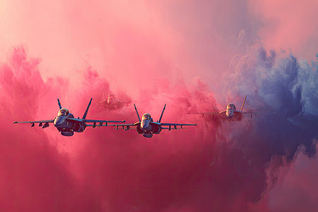 Three fighter jets are depicted in flight, with dramatic pink and blue clouds surrounding them. The image is highly stylized and vibrant, and showcases a powerful aerial scene.の素材