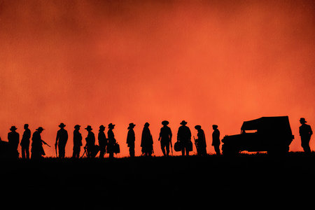 Horizontal image of numerous figures in silhouette, seemingly military personnel, positioned in a straight line on a grassy plain against a backdrop of an orange sunset or sunrise sky. A vintage vehicle is visible in the image.の素材