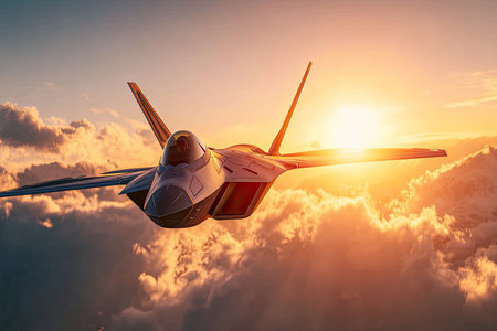 Sleek, modern jet aircraft is depicted in a high-angle, close-up view, flying through a dramatic sunset sky filled with fluffy clouds.  The warm tones of the sunset illuminate the aircraft and the surrounding clouds, creating a visually stunning scene.の素材