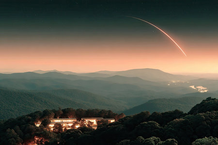Sweeping vista of a mountain range at sunrise or sunset, with a visible rocket trail arcing across the sky.  Structures are visible nestled in the foothills.  The image showcases a blend of natural and man-made elements, highlighting the landscape's beauty and tranquility.の素材