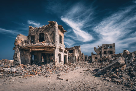 Desolate cityscape with numerous ruined buildings and rubble strewn across the ground, under a dramatic sky.  The image depicts the aftermath of a destructive event.の素材