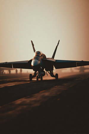 Military jet is on a runway at dawn,  with a focus on the jet's silhouette and the shadows cast by the aircraft on the runway,  and the warm tones of the sunrise or sunset.の素材