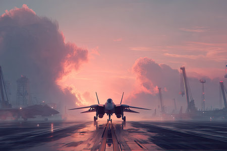 Jet aircraft on a runway at sunrise, with clouds and industrial structures in the background.  The lighting is soft and pastel, creating a tranquil atmosphere. The scene is a digital rendering, with attention paid to detail.の素材