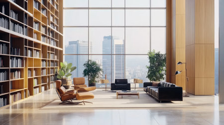 Develop a detailed office rendering in 4k that features a library setting using an interior outline sketch drawing emphasizing books and furniture, ensuring a clear perspective --chaos 30 --ar 16:9 --v 6.1 Job ID: 9993565a-0794-4902-8510-fcadc6adda77の素材