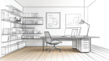 Generate a clear, realistic 4K interior outline sketch of a modern, minimalist office space featuring sleek, geometric furniture and bright, natural light filling the room. --chaos 30 --ar 16:9 --v 6.1 Job ID: e052c3d5-7de0-4478-bd20-92f7e01e242cの素材