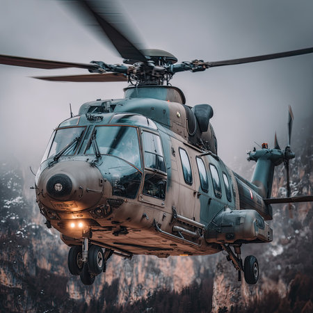Close-up view of a military helicopter in flight. The helicopter is a mix of brown and gray camouflage colors.  The image features strong, contrasting colors, and a sense of motion.の素材