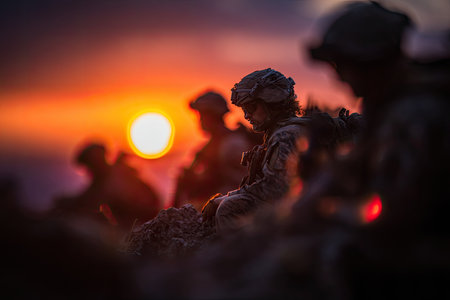 Silhouettes of military personnel resting on the ground during sunset. The warm colors of the setting sun create a dramatic atmosphere.の素材