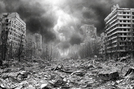 Desolate cityscape, with shattered buildings and rubble-strewn ground, presents a stark image of a city ravaged by conflict.  The scene conveys a profound sense of loss and devastation.  Bare trees stand amid the debris, adding to the desolate atmosphere.の素材