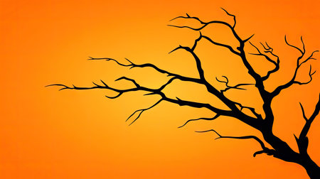 Black silhouette of a bare tree with many branches against an orange background. The tree and branches are a solid black color. The orange background has a subtle gradient.の素材