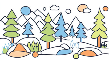 Child-friendly, outlined illustration of a winter landscape featuring snow-capped mountains, various stylized trees, and simple, colorful elements. The scene conveys a sense of peace and tranquility, ideal for children's books or coloring activities.の素材