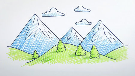 Colorful sketch of mountains, hills, clouds, and trees.の素材