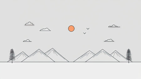 Minimalist illustration of a mountain range, a few trees, clouds, and a sun in the sky, created using simple, clean lines.の素材