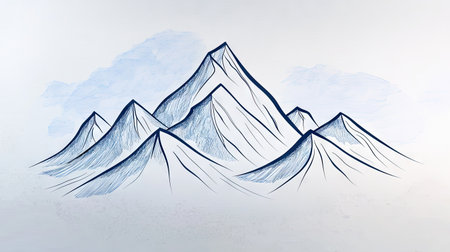 Stylized, detailed line drawing of a mountain range.  The image features a series of peaks and valleys in shades of blue, created with a pen-and-ink technique on a light background with light watercolor effects. The drawing evokes a sense of tranquility and natural beauty, with a simple and elegant design.の素材