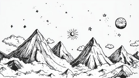 Black and white drawing of a mountainous landscape.  The scene features several peaks, various clouds, and celestial elements like stars, a sun, moon, and a planet in the sky above.  The style is detailed, hand-drawn, and ink-based.の素材
