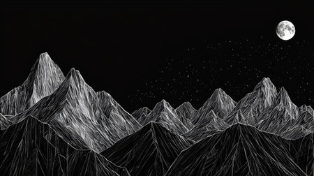 Detailed illustration of a mountain range at night, depicted in black and white lines. The mountains are rendered with textured lines, giving a sense of depth and form. A full moon hangs in the dark sky, and stars are scattered across the expanse.の素材