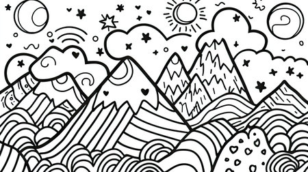 Black and white line art illustration featuring a landscape with stylized mountains, clouds, stars, sun, moon, hearts and decorative waves. The design is suitable for coloring books or as a graphic background.の素材