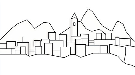 Black line drawing depicts a city nestled in the mountains. Buildings are represented by geometric shapes, while the mountains are depicted with smooth, flowing lines. The overall style is simple, clean, and geometric.の素材