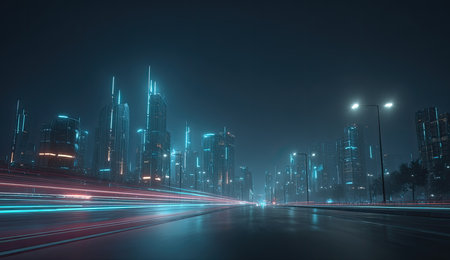 Neon lights illuminate a futuristic cityscape at night with light trails on a wet road.の素材