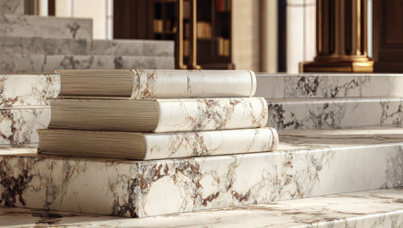 A stack of antique books sits on marble steps inside a grand building.の素材