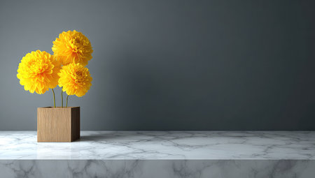 Yellow flowers are arranged in a wooden planter on a marble surface.の素材
