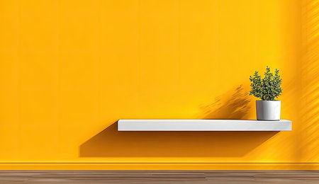 A solitary potted plant is displayed on a white shelf against a vibrant yellow wall.の素材