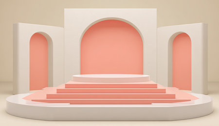 A minimalist stage design features tiered platforms and arched architectural elements.の素材