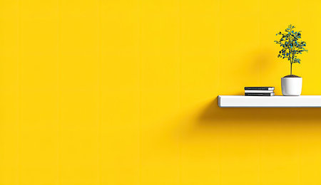 A minimalist arrangement of a potted plant and books on a white shelf.の素材