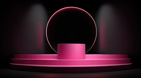 A pink stage with multiple levels and a glowing ring shape in a dark .の素材
