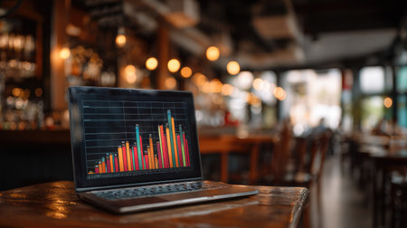 Laptop displays a colorful bar graph on its screen in a restaurant.の素材