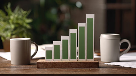 A bar graph depicts upward growth beside coffee mugs and a plant.の素材