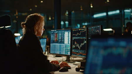 A person focused on analyzing financial data on multiple computer screens.の素材