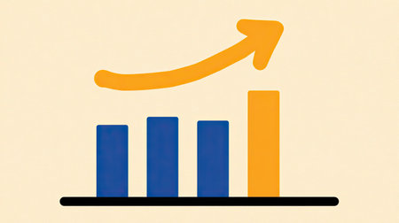 A bar graph shows increasing values with an upward pointing arrow.の素材