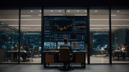 Person works in a modern office analyzing financial data on multiple screens.の素材