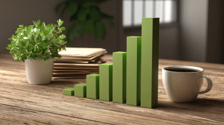 A green financial growth chart sits on a wooden desk with coffee and a plant.の素材