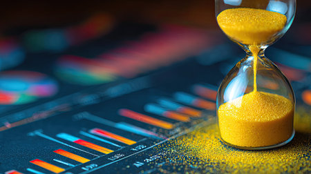 An hourglass with yellow sand rests on financial charts.の素材