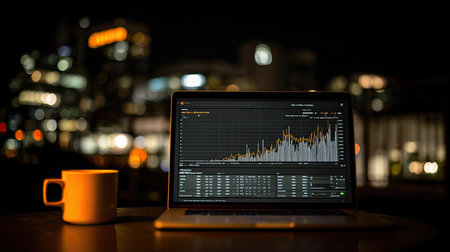 Laptop with financial charts and a coffee cup on a table at night.の素材