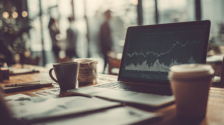 Laptop screen shows a financial chart with coffee cups on a desk.の素材