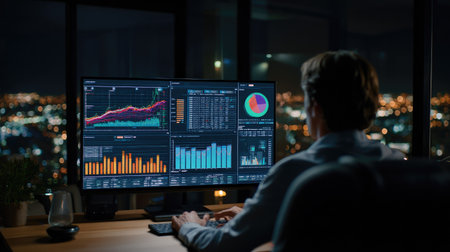 Person working late at night analyzing complex financial data on a computer.の素材