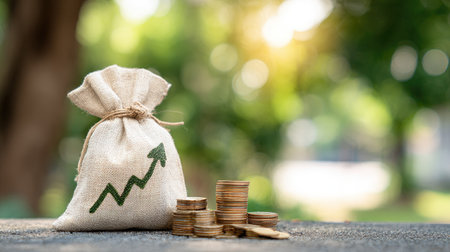 A money bag with a growth arrow and coins symbolizes financial growth and success.の素材