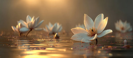 Peaceful white water lilies rest on a reflective water surface bathed in soft light.の素材