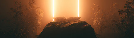 A bed with pillows sits in a misty forest with tall plants and bright light beams.の素材