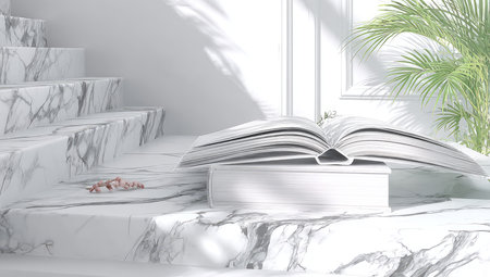 An open book lies on a closed book atop marble stairs.の素材