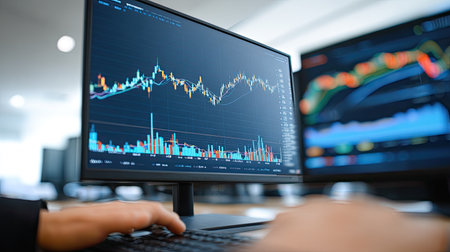 Financial data and  market trends displayed on multiple computer monitors.の素材