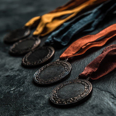Group of oval metal medals with different colored ribbons on a dark surface.の素材