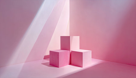 Geometric pastel pink cubes are set in a minimalist  with dramatic lighting.の素材
