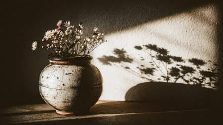 A rustic ceramic vase holds a delicate bouquet of white flowers, casting shadows.の素材