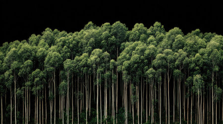 A dense forest of tall, slender trees with lush green foliage.の素材