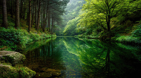 A serene lake surrounded by lush green trees and dense woods reflects the vibrant foliage.の素材