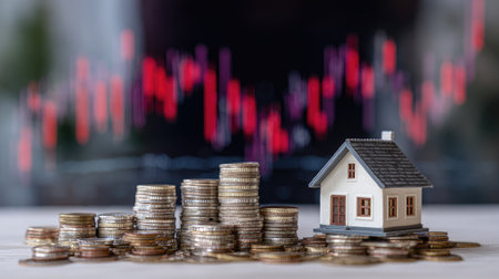 A miniature house is placed on a pile of coins with a financial graph in the background.の素材